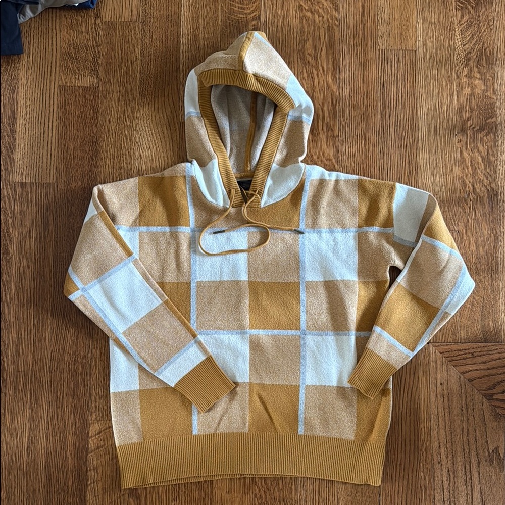 Checkered Hoodie in cream, dark mustard yellow and gray stripes